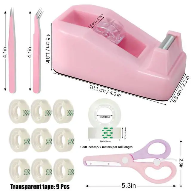 Alt view image 2 of 7 - Desktop Tape Dispenser Kits with Weighted Nonskid Base Tape Dispenser- Includes 9 Rolls of Transparent Tape(0.71 Inch x 500 inches Each) & Pink Scissors, 2 Pcs Tweezers (Pink)