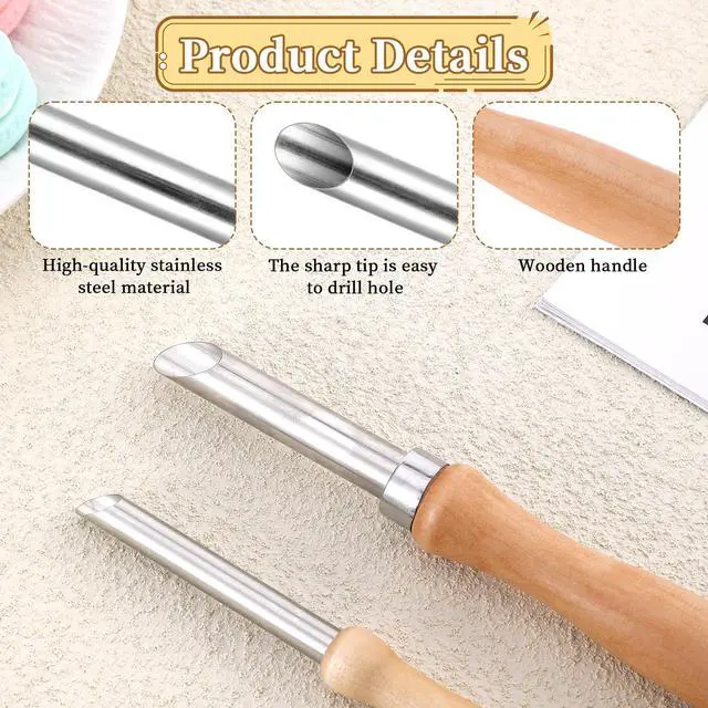 Alt view image 3 of 7 - 2 Pack Clay Hole Cutters Straw Puncher Single for Plastic Lids Lemonade Stainless Steel Circular Clay Hole Cutters Pottery Tools Wooden Handle Clay Tools Lemonade Cup Lid Hole Puncher for Straw