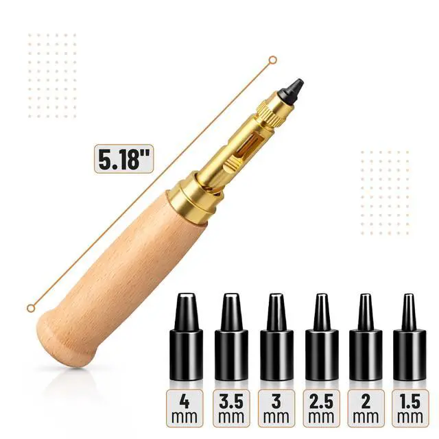 Alt view image 2 of 7 - Adjustable Leather Hole Punching Tool, 6 Sizes (1.5-4mm), Japanese Style Automatic Puncher with Wooden Handle, Hollow Hole Punch for Leather Belt, Bag, Wristband, Watch Strap, Shoe, Craft & DIY