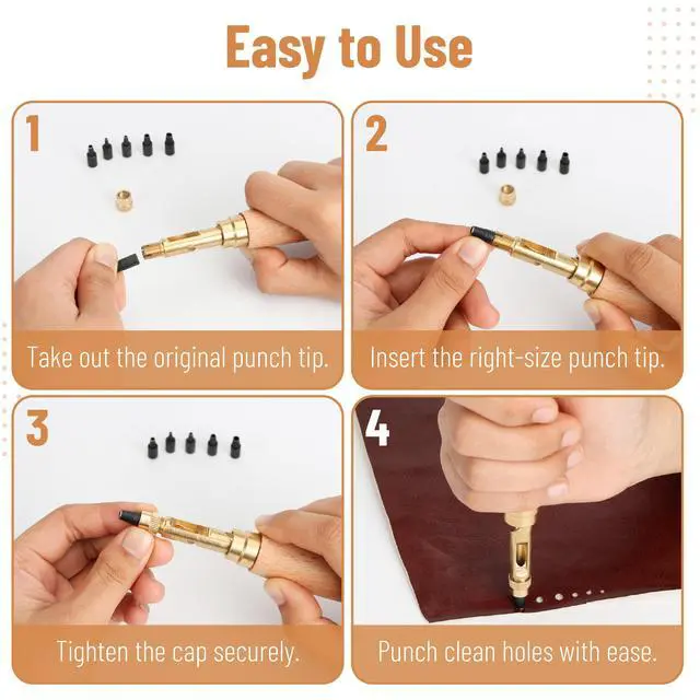 Alt view image 5 of 7 - Adjustable Leather Hole Punching Tool, 6 Sizes (1.5-4mm), Japanese Style Automatic Puncher with Wooden Handle, Hollow Hole Punch for Leather Belt, Bag, Wristband, Watch Strap, Shoe, Craft & DIY