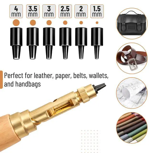 Alt view image 6 of 7 - Adjustable Leather Hole Punching Tool, 6 Sizes (1.5-4mm), Japanese Style Automatic Puncher with Wooden Handle, Hollow Hole Punch for Leather Belt, Bag, Wristband, Watch Strap, Shoe, Craft & DIY