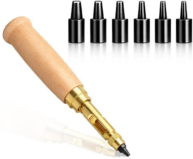 Main image of Adjustable Leather Hole Punching Tool, 6 Sizes (1.5-4mm), Japanese Style Automatic Puncher with Wooden Handle, Hollow Hole Punch for Leather Belt, Bag, Wristband, Watch Strap, Shoe, Craft & DIY