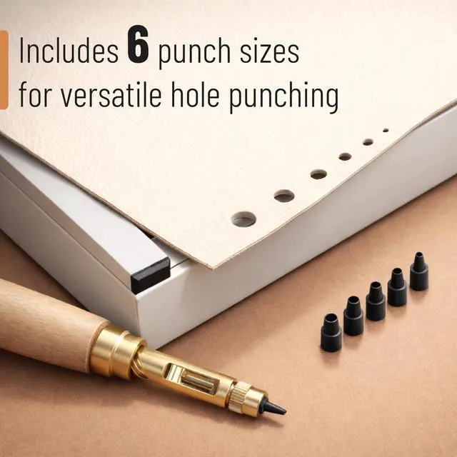 Alt view image 4 of 7 - Adjustable Leather Hole Punching Tool, 6 Sizes (1.5-4mm), Japanese Style Automatic Puncher with Wooden Handle, Hollow Hole Punch for Leather Belt, Bag, Wristband, Watch Strap, Shoe, Craft & DIY