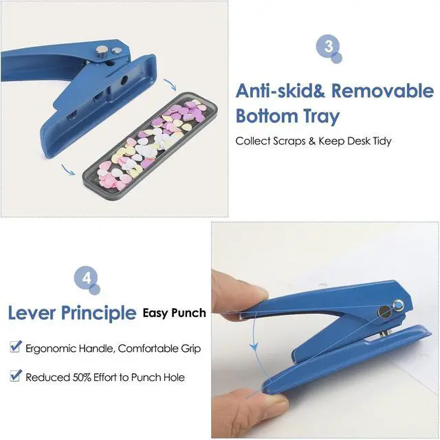 Alt view image 3 of 6 - Single Hole Punch 1/4", 20 Sheet Punch Capacity, Non-Skid Base, Blue | Handheld with Non-Skid Base for Paper Chipboard Craft Paper and Art Project, ideal for office, school, DIY