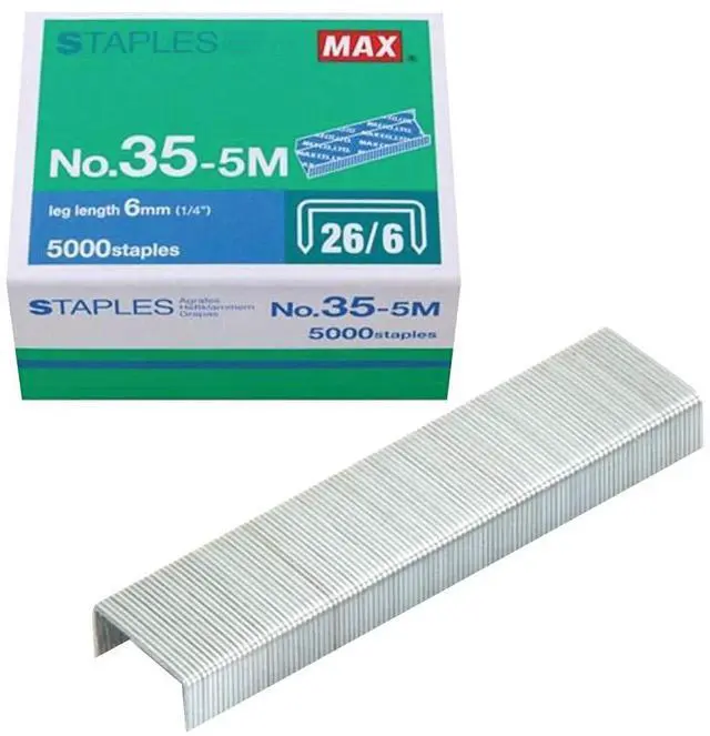 Main image of 35-5M Standard Staples for USA; Leg Length 6mm (1/4"); 100 Staples per Stick, for Use with Max HD-50, HD-50R, HD-50F and other Standard Staplers, 0.25" Leg Length, 0.5" Crown Width, 5000 Count