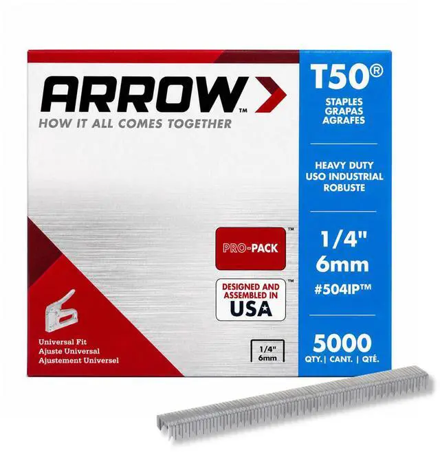 Main image of Staples, 1/4-Inch Leg, 3/8-Inch Crown, 5000 Count | Heavy Duty, For Upholstery, Construction, Furniture, Crafts, Fit Arrow T50 Staple Guns, Hammer Tackers and Pneumatic Tools