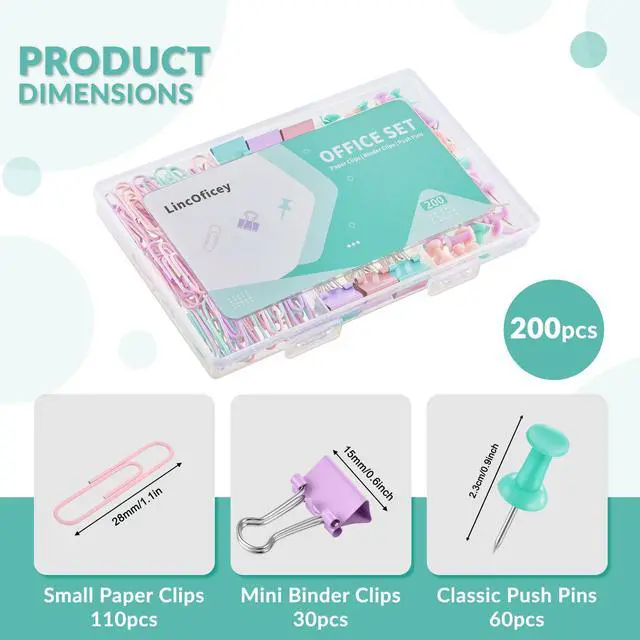 Alt view image 2 of 6 - 200pcs Paper Clips Binder Clips and Push Pins Set, Mini Clips and Thumb Tacks for Multipurpose Document Organization (Multicolor)