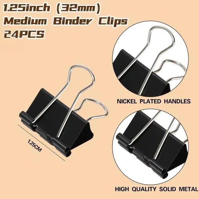 Alt view image 2 of 7 - Binder Clips 1.25 Inch, 24 Pcs Black Medium Office Paper Clamps | Solid Metal Clips, Heavy-Duty Grip for Thick Docs, Great for Accounting, Teachers, Receipts & Daily Office File Sorting