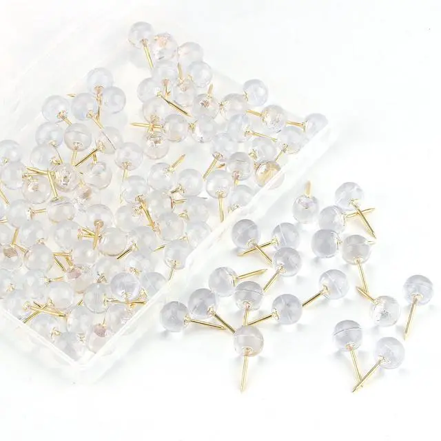 Alt view image 2 of 7 - Push Pins 1/3 Inch Gold Map Tacks 100-Count Large Size Pins Golden Steel Point and Transparent Plastic Round Head (Gold)