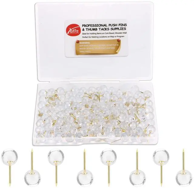 Main image of Push Pins 1/3 Inch Gold Map Tacks 100-Count Large Size Pins Golden Steel Point and Transparent Plastic Round Head (Gold)