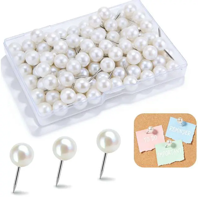 Main image of 100 Pcs Pearl White Decorative Push Pins - Cute Large Round Head Thumb Tacks for Bulletin Board & Cork Board - Aesthetic Pearl Pins for Photos, Maps, Calendars, Home & Office Decor