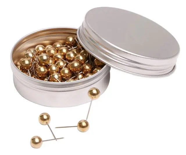 Alt view image 3 of 7 - 100PCS 1/4 Inch Small Round Head Map Tacks Pins for Home Office Bulletin Cork Board Use and DIY Craft Project (Gold)
