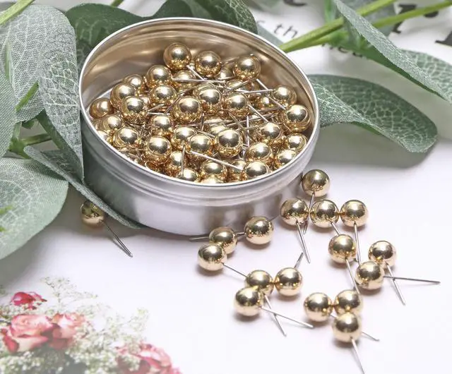Alt view image 6 of 7 - 100PCS 1/4 Inch Small Round Head Map Tacks Pins for Home Office Bulletin Cork Board Use and DIY Craft Project (Gold)