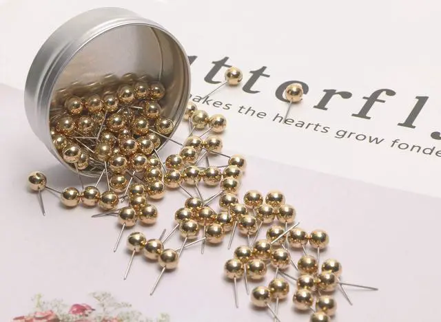 Alt view image 5 of 7 - 100PCS 1/4 Inch Small Round Head Map Tacks Pins for Home Office Bulletin Cork Board Use and DIY Craft Project (Gold)