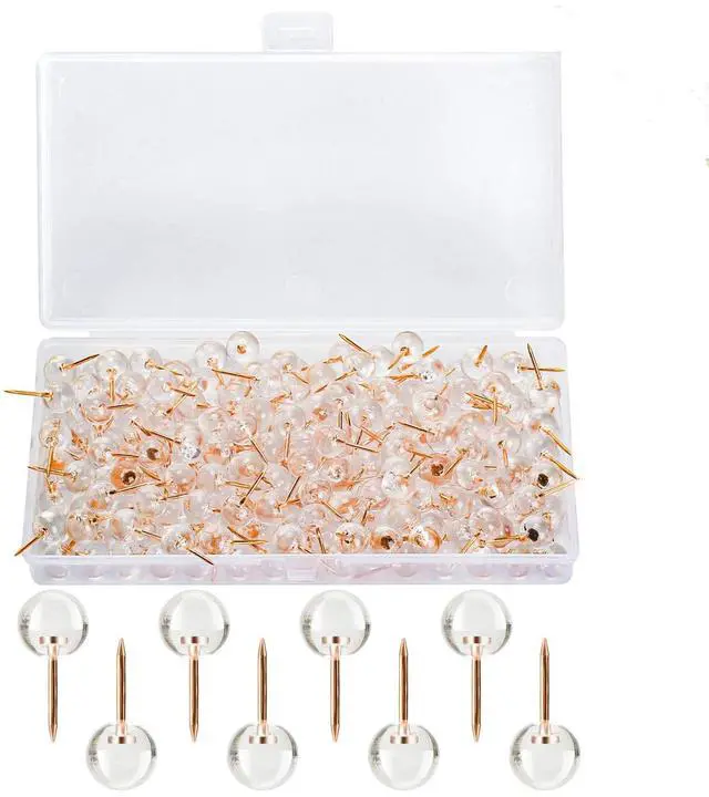Main image of 150PCS Push Pins, Rose Gold Map Thumb Tacks, Large Size Pins Rose Gold Steel Point and Transparent Plastic Round Head for Bulletin Board, Fabric Marking, Crafts and Office Organization