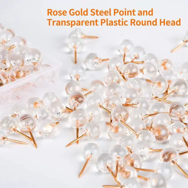 Alt view image 2 of 7 - 150PCS Push Pins, Rose Gold Map Thumb Tacks, Large Size Pins Rose Gold Steel Point and Transparent Plastic Round Head for Bulletin Board, Fabric Marking, Crafts and Office Organization