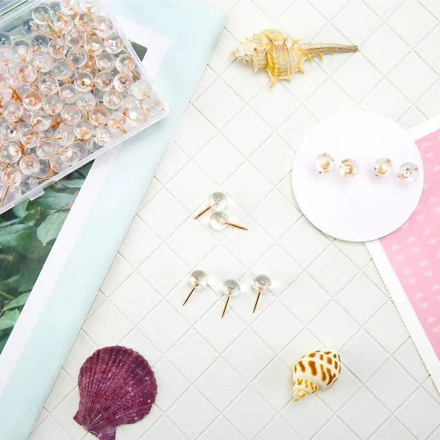 Alt view image 5 of 7 - 150PCS Push Pins, Rose Gold Map Thumb Tacks, Large Size Pins Rose Gold Steel Point and Transparent Plastic Round Head for Bulletin Board, Fabric Marking, Crafts and Office Organization