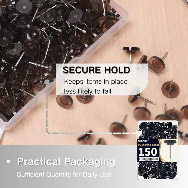 Alt view image 4 of 6 - 150PCS Black Clear Thumb Tacks for wall Push pins thumbtacks for Hanging | Flat tacs for wall for bulletin board for shadow box display