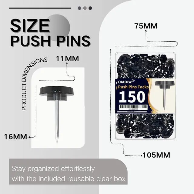 Alt view image 6 of 6 - 150PCS Black Clear Thumb Tacks for wall Push pins thumbtacks for Hanging | Flat tacs for wall for bulletin board for shadow box display