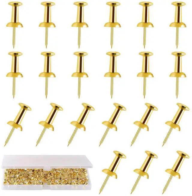 Main image of 200 Count Gold Push Pins Thumb Tacks for Bulletin Board | Reusable steel pins, gold plastic heads, clear storage box, for bulletin boards, cork boards, photos and notes