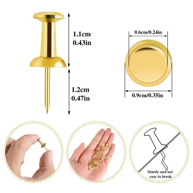 Alt view image 2 of 6 - 200 Count Gold Push Pins Thumb Tacks for Bulletin Board | Reusable steel pins, gold plastic heads, clear storage box, for bulletin boards, cork boards, photos and notes