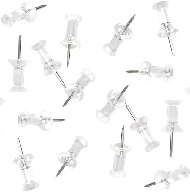 Main image of Clear Plastic Head Push Pins, 200 Count, Steel Point Tacks