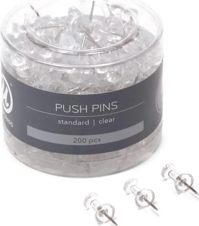 Main image of Push Pins, Plastic, 200-Count, Steel Point, Clear, for Cork Board