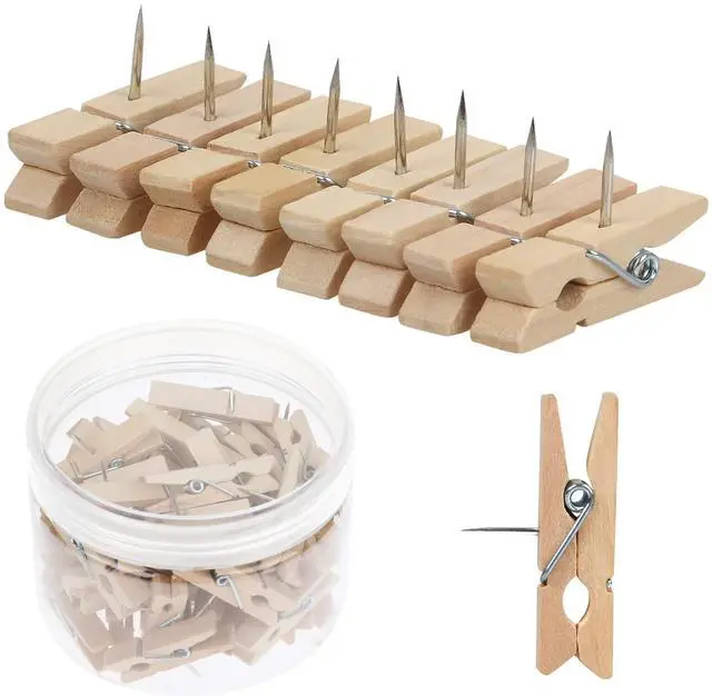 Main image of 50 PCS Push Pin with Wooden Clips, Durable Wooden Push Pins, Decorative Pushpins Tacks Thumbtacks, Tacks for Cork Board Artworks Notes Photos, Craft Projects, Offices and Homes (Burlywood)