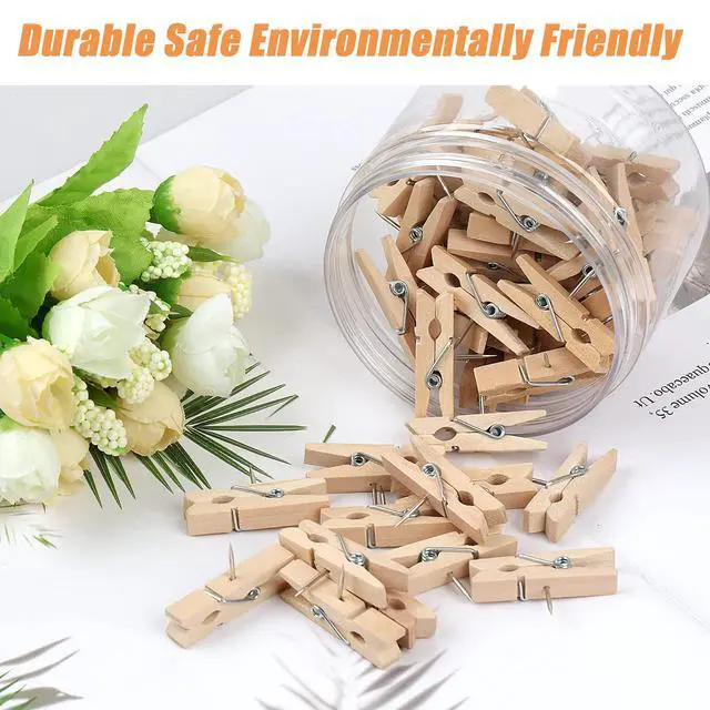Alt view image 4 of 6 - 50 PCS Push Pin with Wooden Clips, Durable Wooden Push Pins, Decorative Pushpins Tacks Thumbtacks, Tacks for Cork Board Artworks Notes Photos, Craft Projects, Offices and Homes (Burlywood)