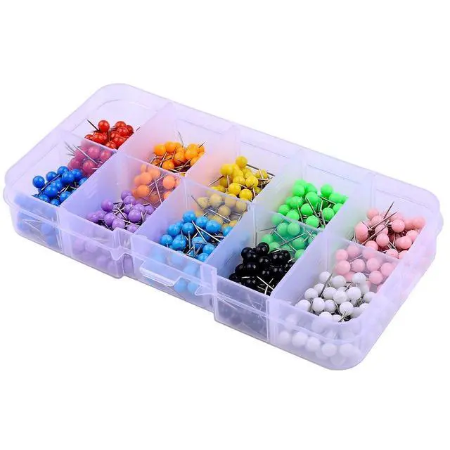 Alt view image 4 of 4 - 600 PCS Multi-Color Push Pins Map Tacks,1/8 inch Round Head with Stainless Point, 10 Assorted Colors (Each Color 60 PCS) in reconfigurable Container for Bulletin Board, Fabric Marking