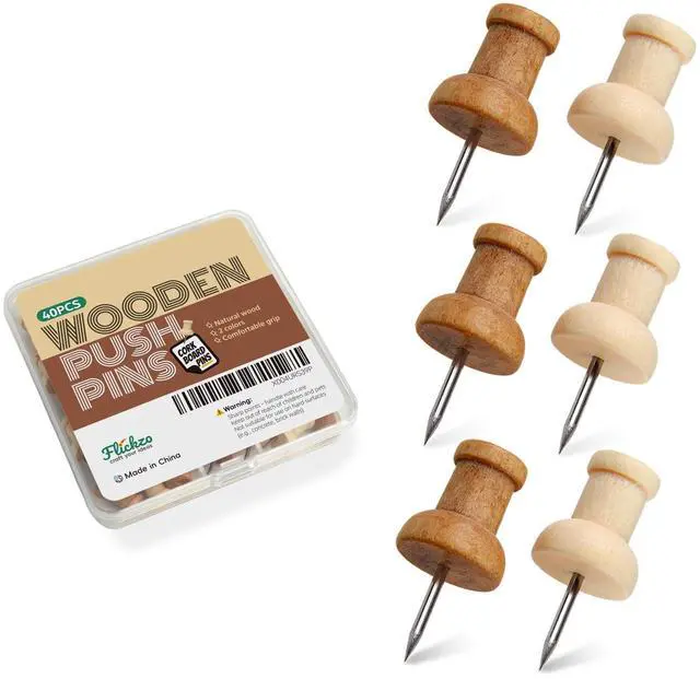 Main image of 40 Pcs Wood Push Pins, Decorative Wooden Thumb Tacks for Cork Board, Natural & Light Brown Pins and Tacks, Bulletin Board Accessories, Map Tacks