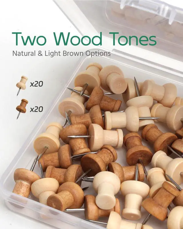 Alt view image 2 of 7 - 40 Pcs Wood Push Pins, Decorative Wooden Thumb Tacks for Cork Board, Natural & Light Brown Pins and Tacks, Bulletin Board Accessories, Map Tacks