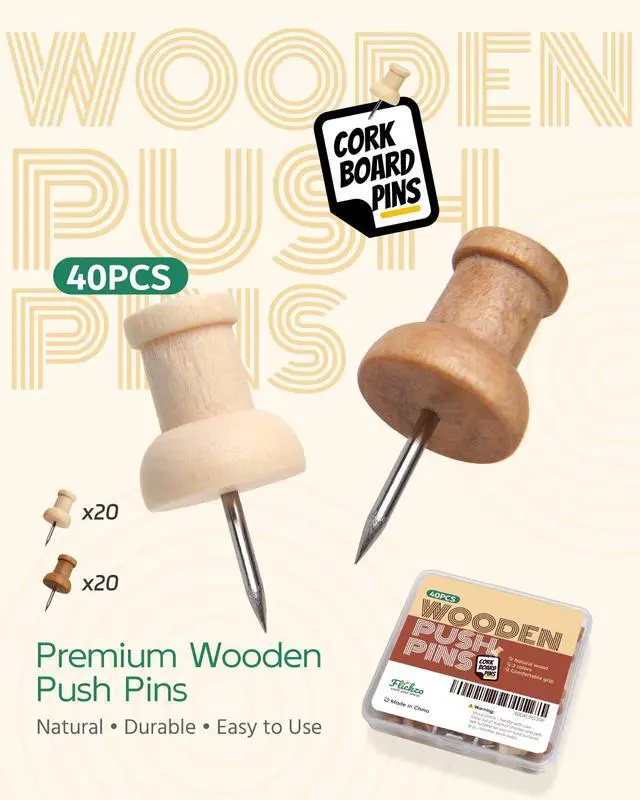 Alt view image 4 of 7 - 40 Pcs Wood Push Pins, Decorative Wooden Thumb Tacks for Cork Board, Natural & Light Brown Pins and Tacks, Bulletin Board Accessories, Map Tacks