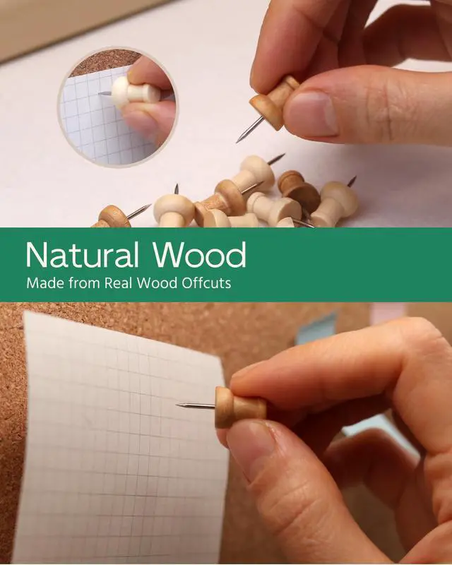 Alt view image 5 of 7 - 40 Pcs Wood Push Pins, Decorative Wooden Thumb Tacks for Cork Board, Natural & Light Brown Pins and Tacks, Bulletin Board Accessories, Map Tacks