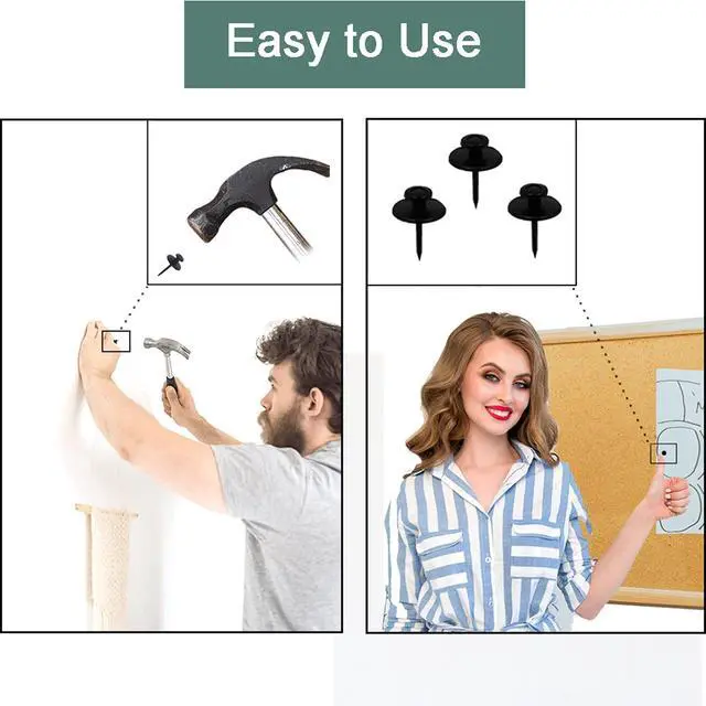 Alt view image 6 of 7 - 50 PCS Push Pins Picture Hangers Wall Hooks, Double Headed Thumb Tacks for Wall Hangings, Renter Friendly Decor Small Picture Frame Hangers for Drywall Cork Board Home Office Photo Decorations(Black)