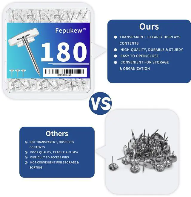 Alt view image 4 of 7 - 180-Pack Clear Thumb Tacks - Heavy Duty Push Pins for Bulletin Board, Office, School & Wall Decor - Sharp Steel Point Tacks with Durable Plastic Flat Heads - Includes Storage Box (Transparent)
