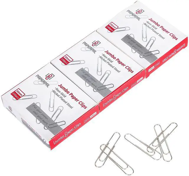 Main image of Jumbo Non-Skid Paper Clips, 2 Inch (50 mm), 300 Count, Silver | Large paper clips for office, school and personal use, conveniently packed in 3 boxes of 100 each.