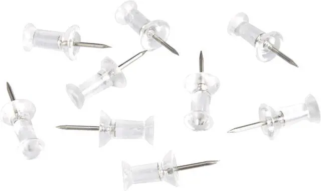 Main image of Push Pins, Clear Plastic Head, Steel Point for Cork Board, Bulletin Board, Maps, Photos, Posters, and Craft Projects, 100-Pack