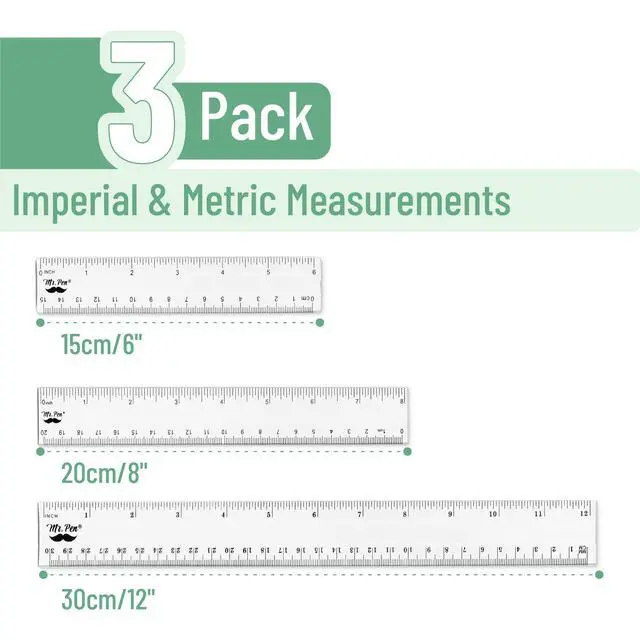 Alt view image 2 of 7 - Clear Ruler Set, 3 Pack, 6", 8" and 12 Inch, Easy-to-Read Markings | Scratch-Resistant Design, Durable Plastic Rulers for Crafting Office & School, School Supplies