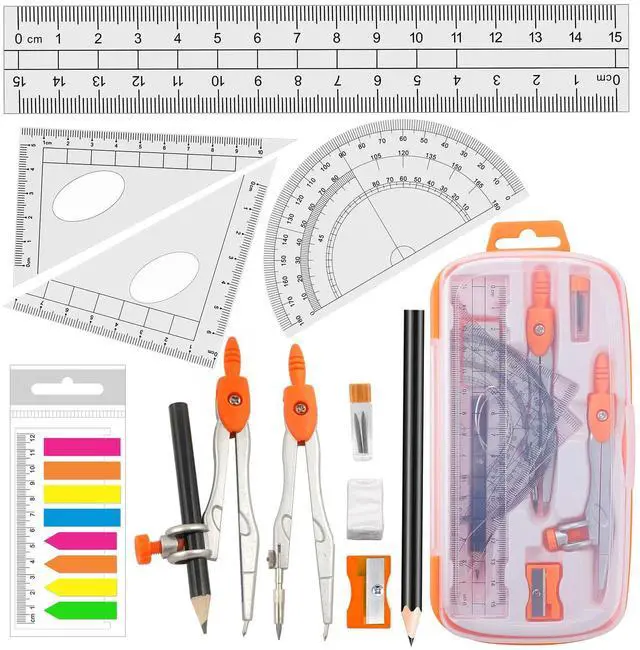 Main image of Geometry Compass Set 2 Drafting Compasses with Maths Protractor Set Squares Ruler and More for Students Starters Homework etc. Orange