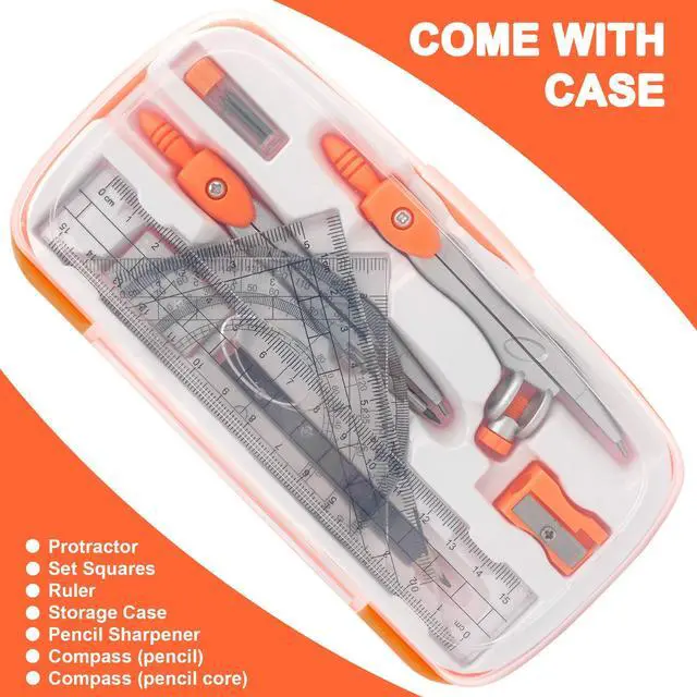 Alt view image 2 of 6 - Geometry Compass Set 2 Drafting Compasses with Maths Protractor Set Squares Ruler and More for Students Starters Homework etc. Orange