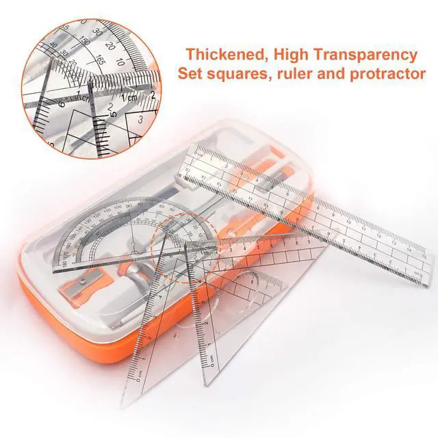 Alt view image 5 of 6 - Geometry Compass Set 2 Drafting Compasses with Maths Protractor Set Squares Ruler and More for Students Starters Homework etc. Orange
