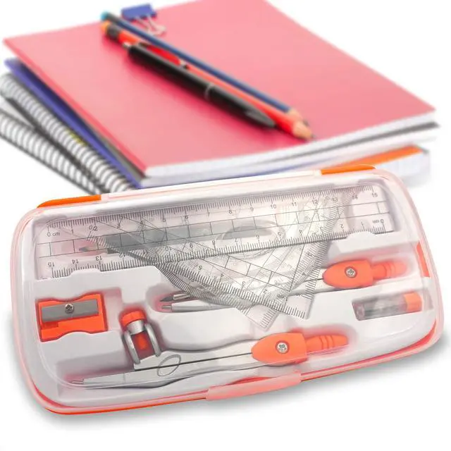 Alt view image 6 of 6 - Geometry Compass Set 2 Drafting Compasses with Maths Protractor Set Squares Ruler and More for Students Starters Homework etc. Orange