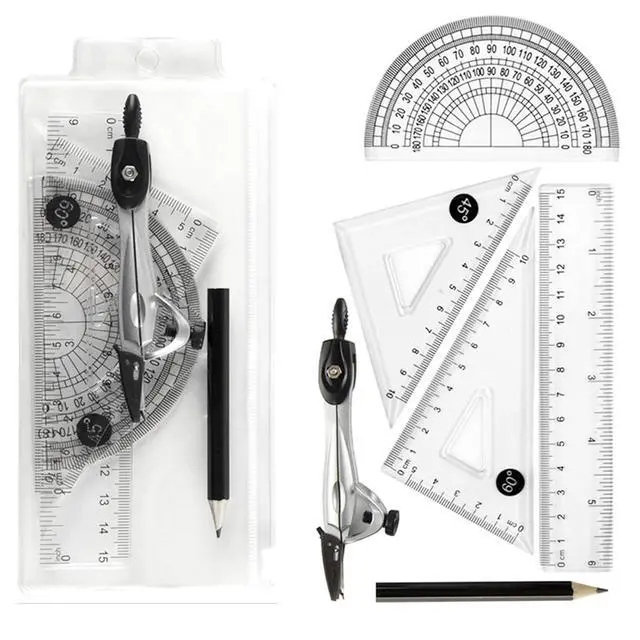 Main image of Protractor and Compass Set with Rulers,Compass Geometry Drawing Tool Set | All-in-One Rulers Compass Kit for Students and Technical Drawing