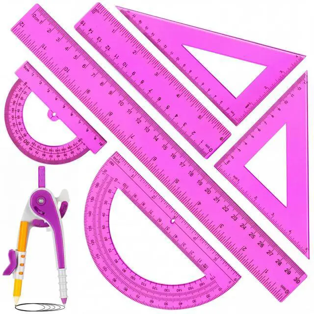 Main image of 7 Pcs Geometry Math Set with Compass Protractor Rulers, Purple | Clear Plastic 6" 4" Protractors, 45 / 60 Degree Triangles, 12" 6" Rulers, Compass, for School Office Drawing