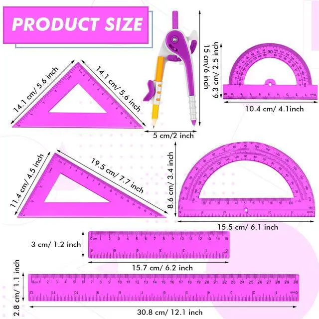 Alt view image 2 of 7 - 7 Pcs Geometry Math Set with Compass Protractor Rulers, Purple | Clear Plastic 6" 4" Protractors, 45 / 60 Degree Triangles, 12" 6" Rulers, Compass, for School Office Drawing