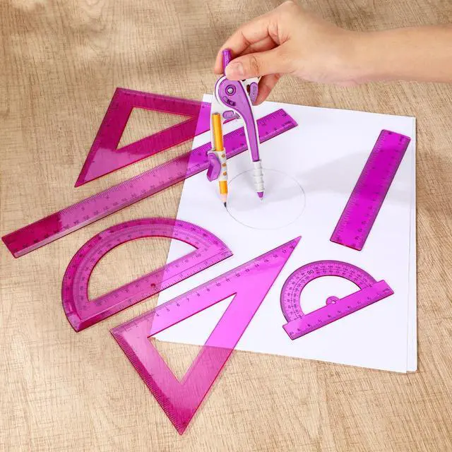 Alt view image 3 of 7 - 7 Pcs Geometry Math Set with Compass Protractor Rulers, Purple | Clear Plastic 6" 4" Protractors, 45 / 60 Degree Triangles, 12" 6" Rulers, Compass, for School Office Drawing