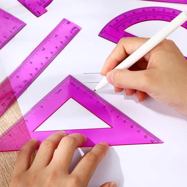 Alt view image 4 of 7 - 7 Pcs Geometry Math Set with Compass Protractor Rulers, Purple | Clear Plastic 6" 4" Protractors, 45 / 60 Degree Triangles, 12" 6" Rulers, Compass, for School Office Drawing