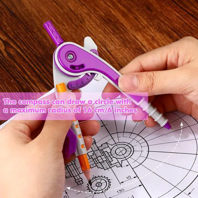 Alt view image 5 of 7 - 7 Pcs Geometry Math Set with Compass Protractor Rulers, Purple | Clear Plastic 6" 4" Protractors, 45 / 60 Degree Triangles, 12" 6" Rulers, Compass, for School Office Drawing