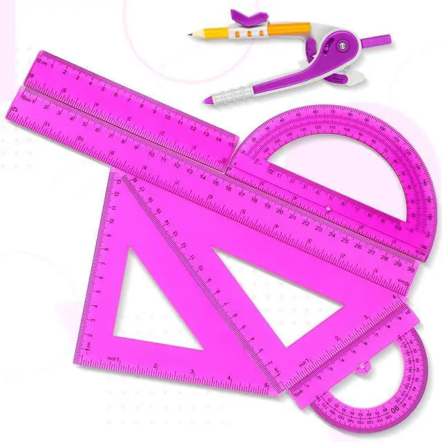 Alt view image 6 of 7 - 7 Pcs Geometry Math Set with Compass Protractor Rulers, Purple | Clear Plastic 6" 4" Protractors, 45 / 60 Degree Triangles, 12" 6" Rulers, Compass, for School Office Drawing